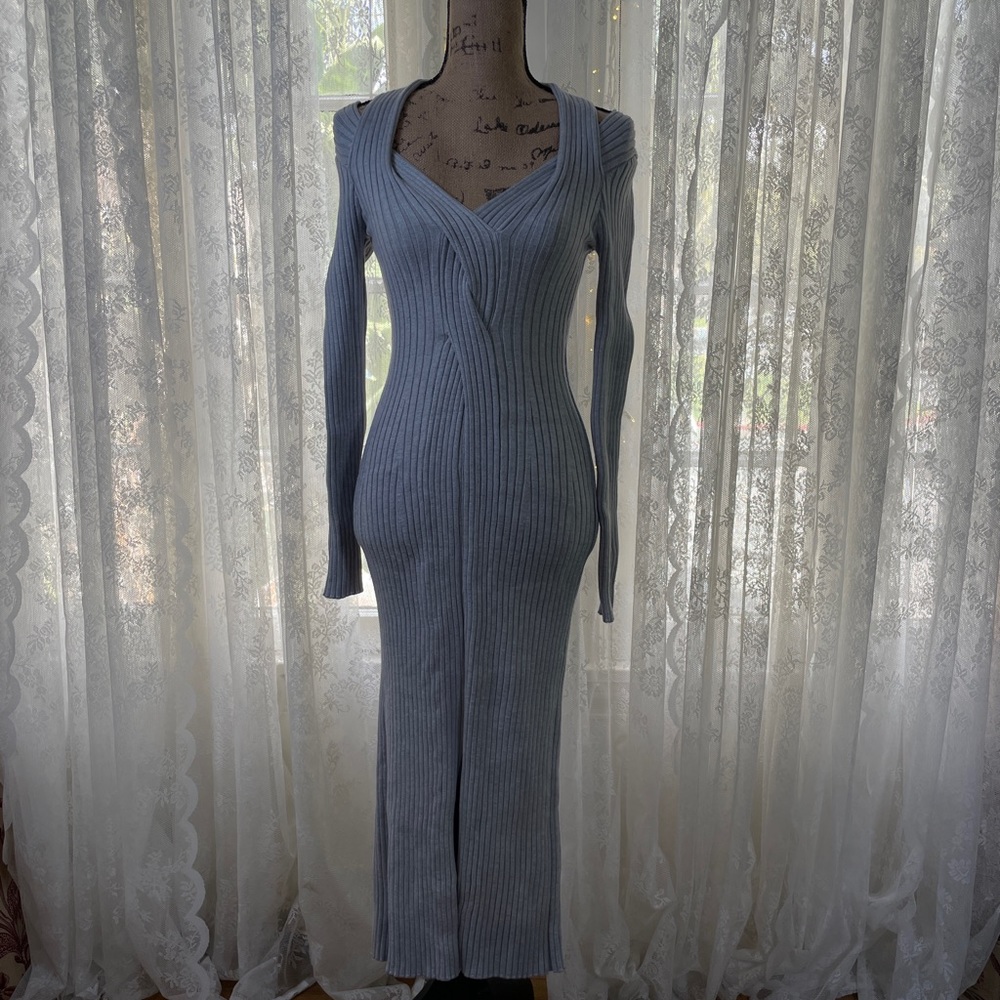 Sweater Rib Knit Slinky Front Twist Wrap Long Sleeve Dress